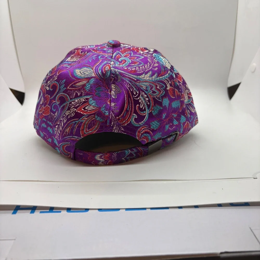 Purple Floral Brocade Baseball Cap Metallic Satin Adjustable Strap Hat